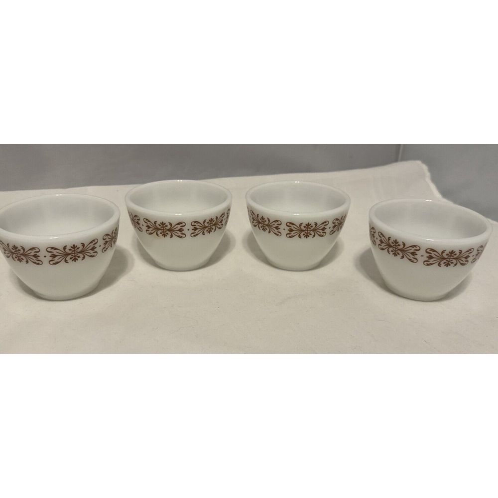 Vintage Copper Filigree Pyrex Tableware Corning Sugar Bowl Cup Set Of 4 No Lids